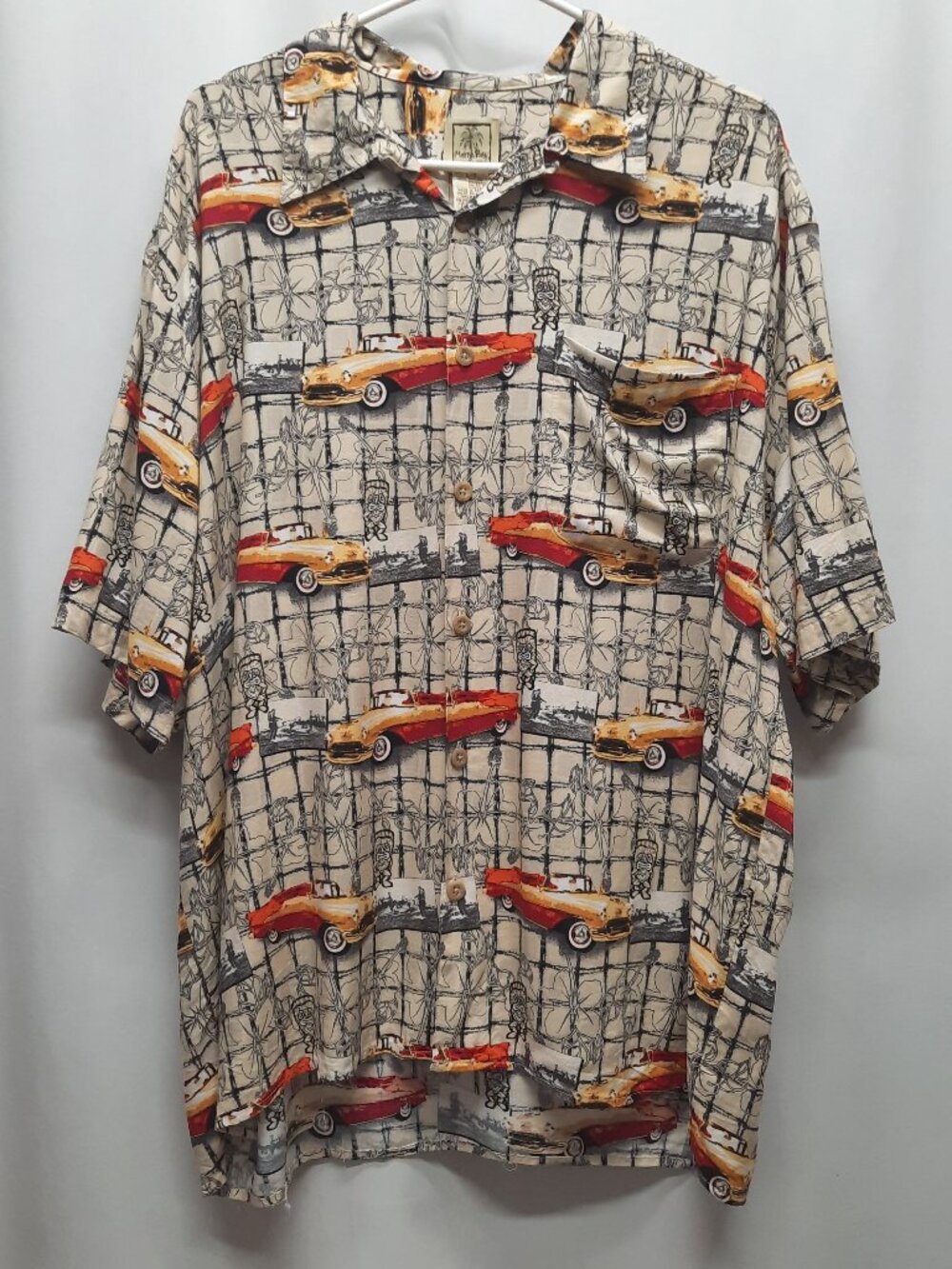 Vintage Morro Bay Tiki Hawaiian Shirt Men's Large Rayon 50s Classic Car 90s Y2k